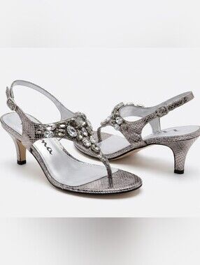 Nina Silver Jeweled T-Strap Kitten Heels W/ Leather Sole